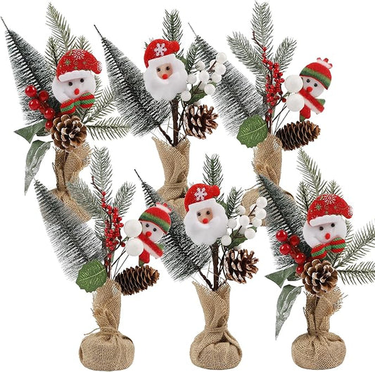 winemana 6 Pcs Small Christmas Tree Table Decorations Indoor, Mini Artificial Trees Plants with Pine Cones Santa Snowman for Tabletop Centerpiece Office Home Kitchen Xmas Holiday Decor