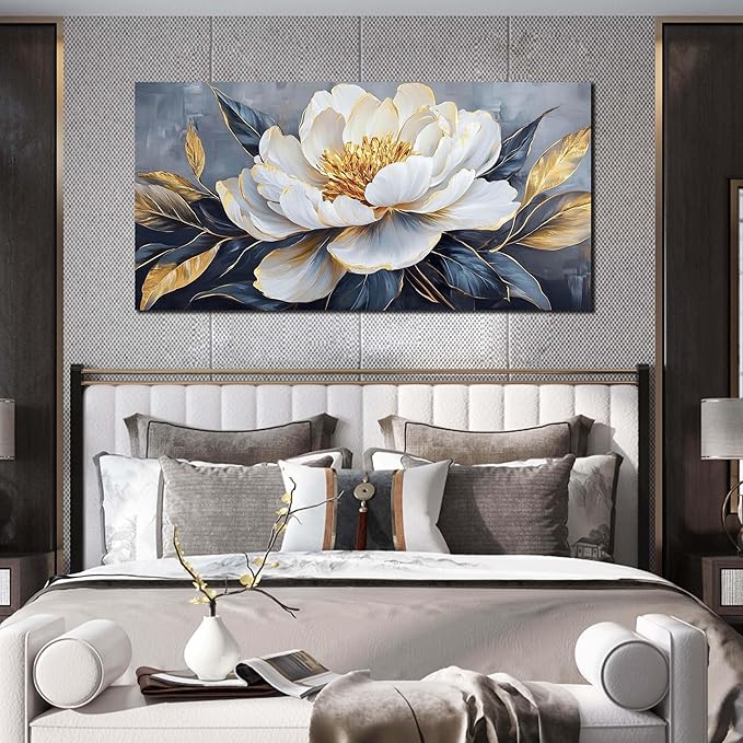 AOZEMI White Flowers Wall Art for Living Room Floral Beautiful Picture Gold Canvas Art Nature Wall Decor Bedroom 24"x 48"