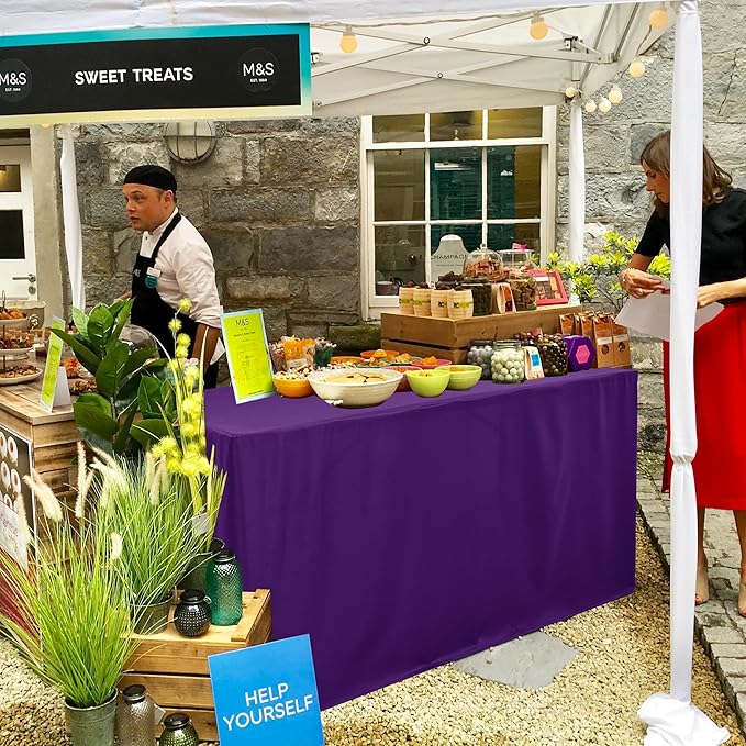 HolidayIdeas Open Back Fitted Tableclothss for 6 Foot Rectangle Table, Wrinkle Resistant Washable Table Covers 72x30 Inch for Craft Fairs, Banquets, Trade Show Display, Purple,4 Pcs