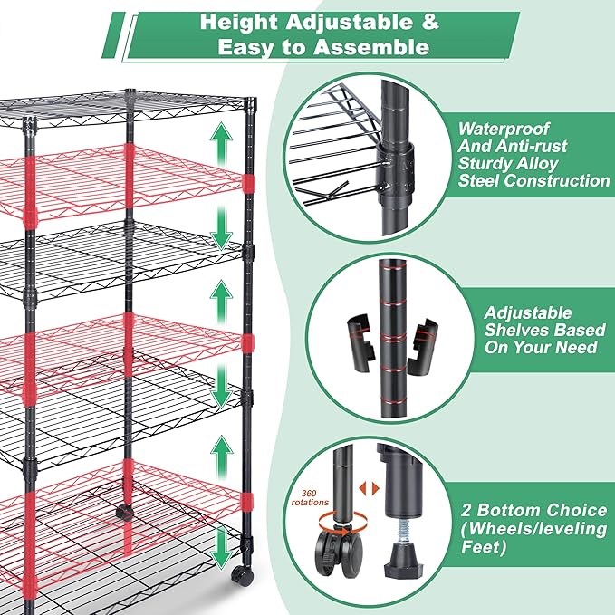 Whitmor 4 Tier Shelving Unit, Adjustable Storage Shelves with Wheels, Wire Shelving, 400 lbs Capacity per Shelf, Max 1600 lbs Total for Laundry, Kitchen, Garage, 24" L x 14" W x 47" H, Black