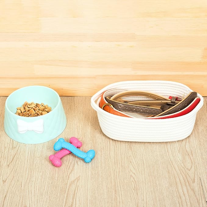 MINTWOOD Design 5-Piece Small Decorative Woven Storage Baskets Set for Shelves, Bathroom, Pantry and Nightstand Organizer, Catch All Tray for Organizing Gifts, Dog and Cat Toys, Creamy White