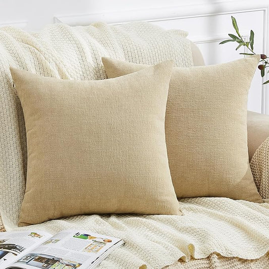 GAWAMAY Decorative Square 16x16 Inch Throw Pillow Covers Set of 2, Super Soft Chenille Pillows Farmhouse Fall Pillowcase for Living Room Bedroom Sofa Couch Cushion Cover Khaki 40x40cm (No Insert)