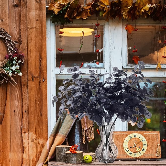 SITUMEIZI 6 Pcs Halloween Black Artificial Eucalytpus Stems Faux Eucalyptus Leaves Branches Tall Bouquet Fall Decor Real Touch Leaf Thanksgiving Table Centerpiece Home Decoration