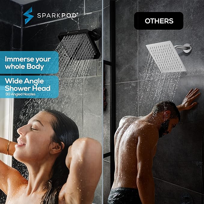 SparkPod Shower Head - High Pressure Rain - Premium Quality Luxury Design - 1-Min Install - Easy Clean Adjustable Replacement for Your Bathroom Shower Heads (Midnight Black Matte, 6 Inch Square)