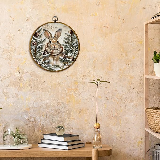 CUANFDDSF Vintage Boho Winter Bunny Round Wall Art Decor, Rustic Cottagecore Rabbit Pinecones Wall Hanging Frame Decor, Farmhouse Winter Bunny Canvas Prints Decorations for Home Bedroom, 10x10 Inch