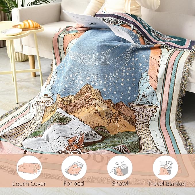 Boho Throw Blanket Reversible Cotton Bohemian Tapestry Hippie Room Decor Double Sided (Boho The Moon 50"x60")