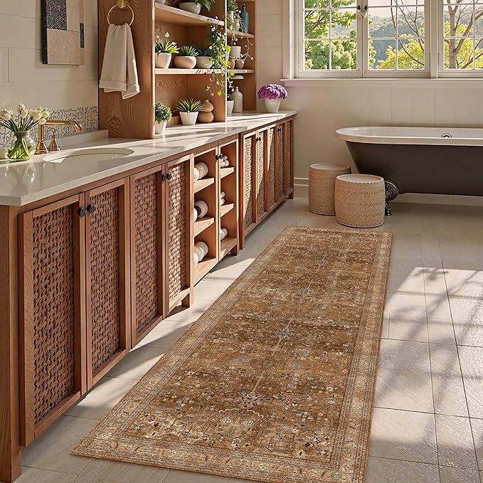 Washable Area Rug 2'6'' x 8' Vintage Traditional Persian Mat - Foldable Distressed Non-Slip Machine Washable Carpet for Living Room Bedroom Kitchen Home Decor - Bronze and Ivory