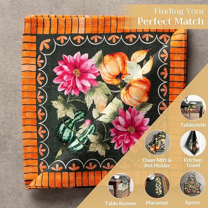 Maison d' Hermine Cloth Napkins Set of 4 100% Cotton Everyday Reusable Square Napkins Cloth Washable, Dinner, Party, Wedding, Restaurant (Pumpkin Garden - Dark Green, 20" x 20")