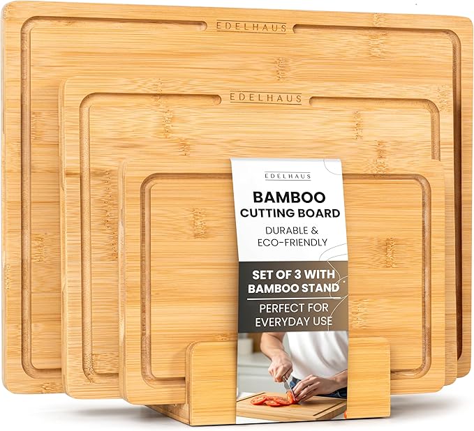 Bamboo Wooden Cutting Boards for Kitchen, Cutting Board Set of 3, Chopping Boards with Juice Groove for Meat, Cheese & Vegetables - Durable, Double sided wood cutting board with serving Compartments