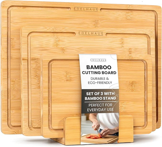 Bamboo Wooden Cutting Boards for Kitchen, Cutting Board Set of 3, Chopping Boards with Juice Groove for Meat, Cheese & Vegetables - Durable, Double sided wood cutting board with serving Compartments