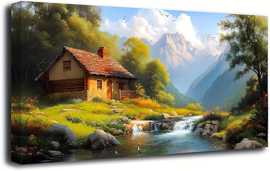 Country House Wall Art Bedroom Landscape Wall Decor Living Room,Oil Painting Green Forest Canvas Wall Art Office Farmhouse Artwork Modern Flowing Water SceneryWall Art Prints Pictures 20 * 40inch