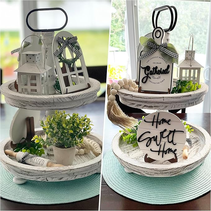 Houmury Set of 16 Farmhouse Tiered Tray Decor with 1 Lantern Artificial Plant& Cutting Board Sign for Rustic Home Kitchen Decor Tier Tray Decor Set (Tiered Tray Not Included)
