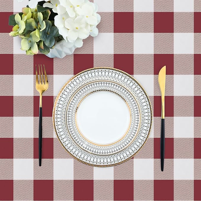 misaya Rectangle Waterproof Vinyl Table Cloth, Buffalo Flannel Backed Tablecloth, Wipeable Plastic Table Cover for Dinner, Kitchen, Outdoor (60" x 120", Burgundy and White)