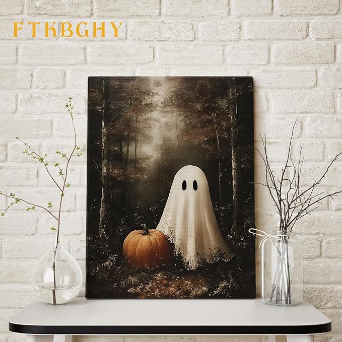 FTKBGHY Vintage Halloween Ghost Canvas Wall Art Framed, Halloween Room Decor, Spooky Ghost Pumpkin in Haunted Forest Poster Prints Wall Decorations for Bedroom Living Room Home, 11x14 Inch