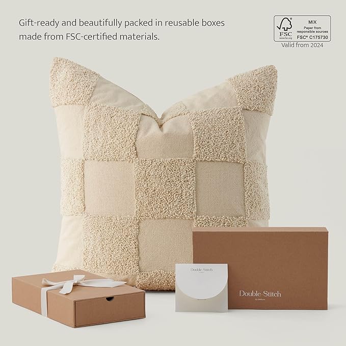 Double Stitch 100% Cotton Throw Pillow Covers - Set of 2 Checkered Tufted Boho Decorative Pillow Covers 20x20, Made in India, Square Cushion Case, Modern Home Decor for Couch, Sofa, Living Room, Oat