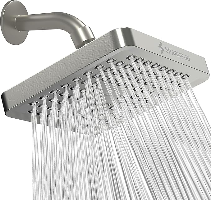 SparkPod Shower Head - High Pressure Rain - Premium Quality Luxury Design - 1-Min Install - Easy Clean Adjustable Replacement for Your Bathroom Shower Heads (Elegant Brushed Nickel, 6 Inch Square)