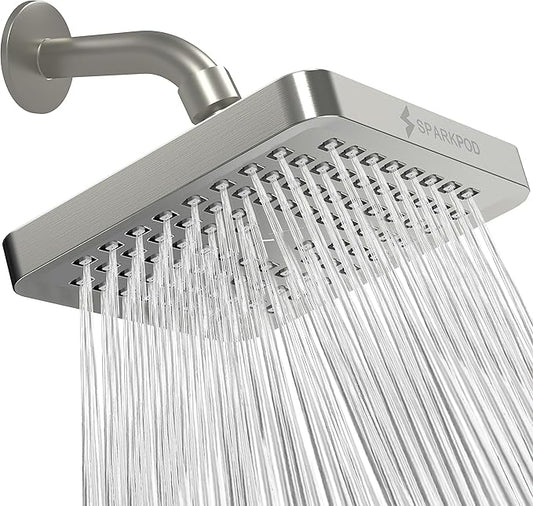 SparkPod Shower Head - High Pressure Rain - Premium Quality Luxury Design - 1-Min Install - Easy Clean Adjustable Replacement for Your Bathroom Shower Heads (Elegant Brushed Nickel, 6 Inch Square)