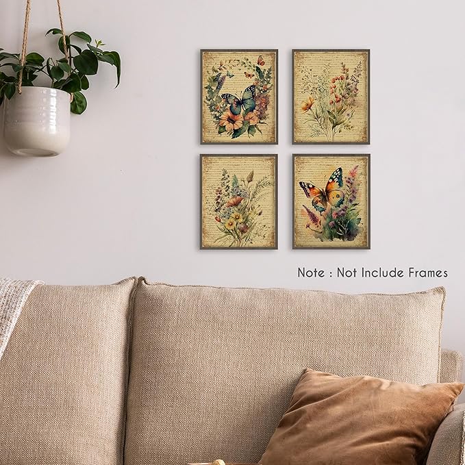 HRQKO Vintage Floral Butterfly Wall Art Poster Prints Set of 4, Floral Wall Art, Retro Butterfly Artwork Printing Posters Wall Decor, Watercolor Flower Prints for Bedroom Living Room 8”x10” Unframed