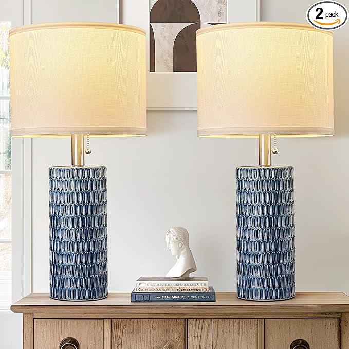 Table Lamps for Living Room Set of 2, Ceramic Table Lamps for Bedroom, 20" Modern Lamps for Night Stands, Dark Blue
