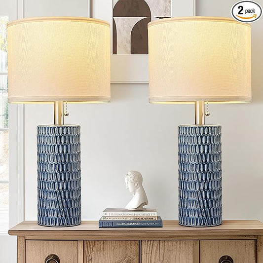 Table Lamps for Living Room Set of 2, Ceramic Table Lamps for Bedroom, 20" Modern Lamps for Night Stands, Dark Blue