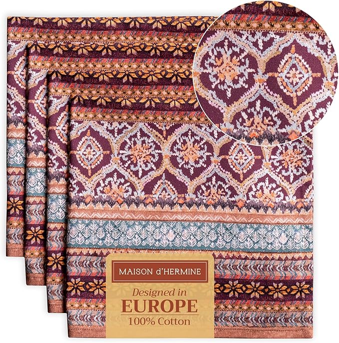 Maison d' Hermine Cloth Napkins Set of 4 100% Cotton Everyday Reusable Square Napkins Cloth Washable, Dinner, Party, Wedding, Restaurant (Fair Isle, 20" x 20")