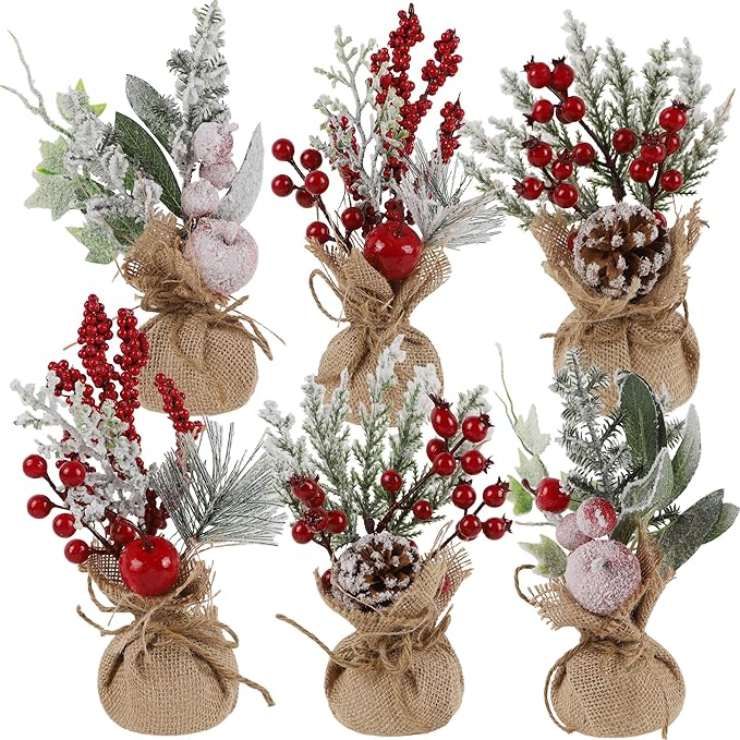 winemana 6 Pcs Mini Christmas Tree Table Decorations, 9" Small Artificial Trees with Red Berries Pine Cone Tabletop Centerpiece for Home Office Room Holiday Decorations