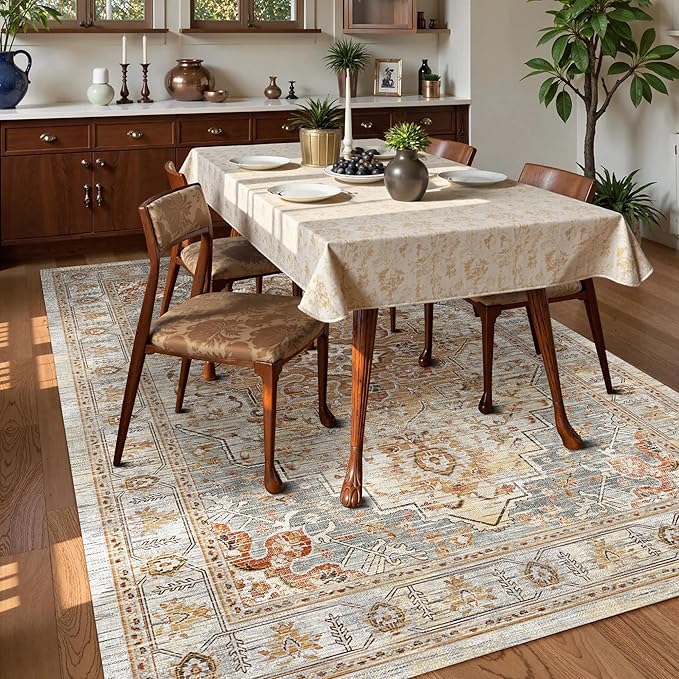 Washable Area Rug 5' x 7' Vintage Traditional Persian Mat - Foldable Distressed Non-Slip Machine Washable Carpet for Living Room Bedroom Kitchen Home Decor - Dove Gray and Coral