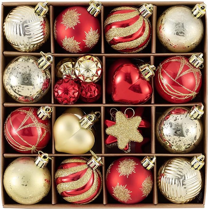 Valery Madelyn 28Pcs Christmas Heart Shaped Ornaments Gift Pack, Red and Gold Craft Painted Tree Heart Decorations, Christmas Baubles Hanging Indoor Holiday Party Xmas Decor