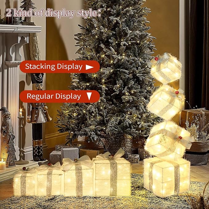 Christmas Lighted Gift Boxes Decorations Set of 4, 2.8Ft Stackable Christmas Nesting Boxes Battery Operated for Home and Party Decoration (8"-6"-5"-4", Silver Bow)