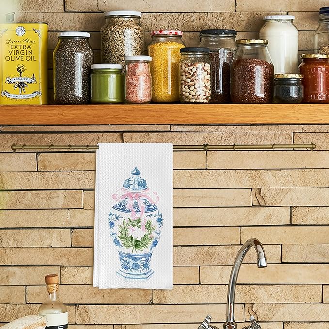 Blue and White Porcelain Kitchen Towels and Hand Towels, 16x24 Inches - Pink Coquette Bow Design, Chinoiserie Decor