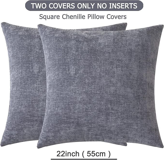 GAWAMAY Decorative Square Throw Pillow Covers 22"x22" Inch Set of 2, Super Soft Chenille Pillows Farmhouse Fall Pillowcase for Living Room Bedroom Sofa Couch Cushion Cover Grey 55x55cm (No Insert)