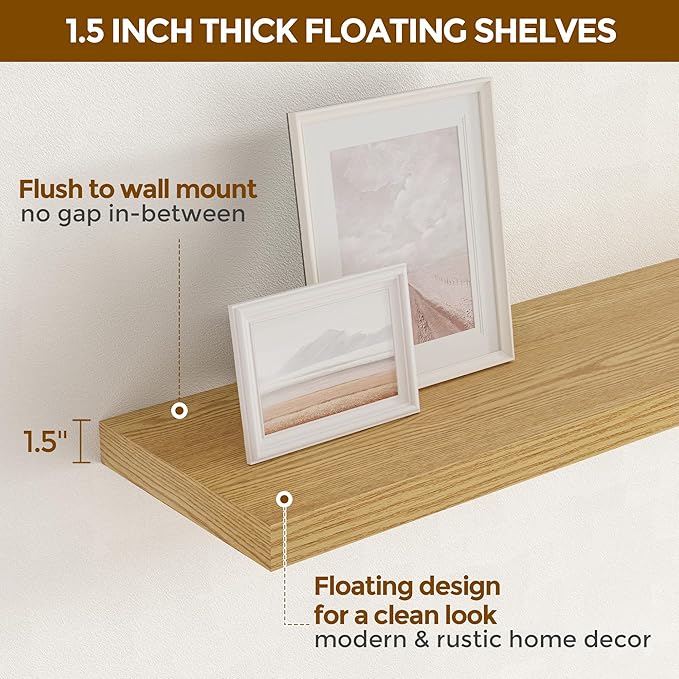 48 Inch Floating Shelves, 9.3 Inch Deep Floating Shelf for Wall, Rustic Wood Wall Shelves 48 x 9.3 x 1.5, Large Bathroom Shelf 48 Inch Long, Deep Shelves for Kitchen, Living Room, Oak Color, 2 Pack