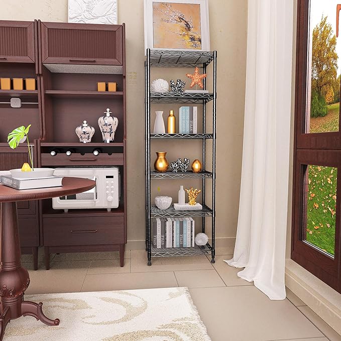 GIOTORENT 6-Tier Storage Shelves Standing Shelving Metal Units, Adjustable Height Wire Shelf Display Rack for Pantry Laundry Bathroom Kitchen 16.6” x 11.8” x 63”, Black