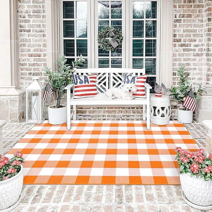KOZYFLY Buffalo Plaid Rug 4x6 Ft Orange and White Outdoor Rugs Washable Checke Orange Rug Cotton Hand-Woven Halloween Door Mat Outdoor Indoor Fall Area Rugs for Front Door Patio Kitchen Bedroom