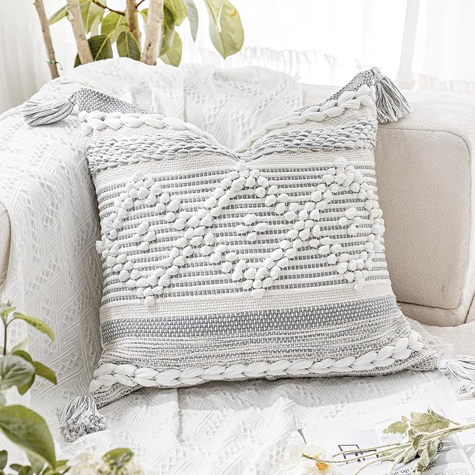 Gray Boho Throw Pillow Cover 22X22, Woven Textured Accent Pillow Cover, Sofa Couch Bed Farmhouse Pillow with Tassels (Cover ONLY)