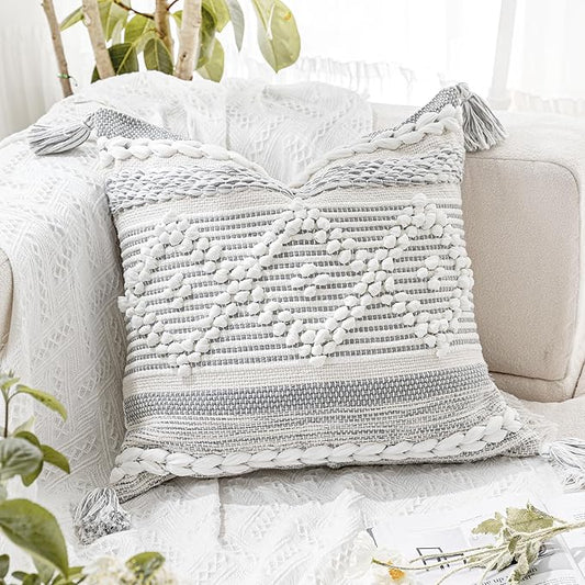 Gray Boho Throw Pillow Cover 22X22, Woven Textured Accent Pillow Cover, Sofa Couch Bed Farmhouse Pillow with Tassels (Cover ONLY)