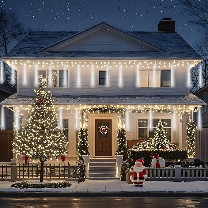 Aukora White Christmas Lights Outdoor, UL Plug 24 Tubes 576 LEDs Meteor Shower Light, Tandemable Icicle Snow Falling Rain Light for Xmas Tree Halloween Decorations Wedding Party Holiday Garden Decor