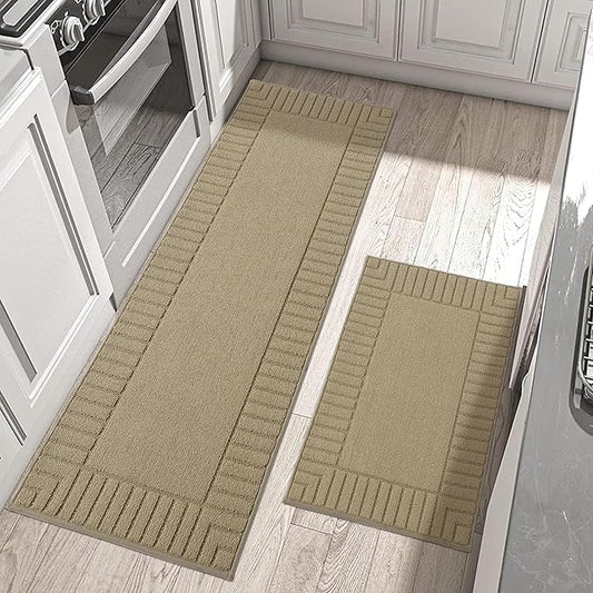 BEQHAUSE Kitchen-Rugs-and-Mats,Anti-Slip Kitchen Rugs,Machine Washable Kitchen Mats for Floor Taupe Comfortable Kitchen Mat Set of 2 with TPR Backing 24x35inch/24x60inch