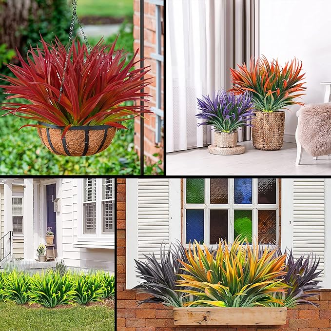 16 Pcs Artificial Outdoor Plants UV Resistant Tall Fake Grass Plants Bushes Faux Tropical Flowers Décor Fall Winter Summer Planters Patio Front Door Porch Plastic Greenery & Shrubs Decoration
