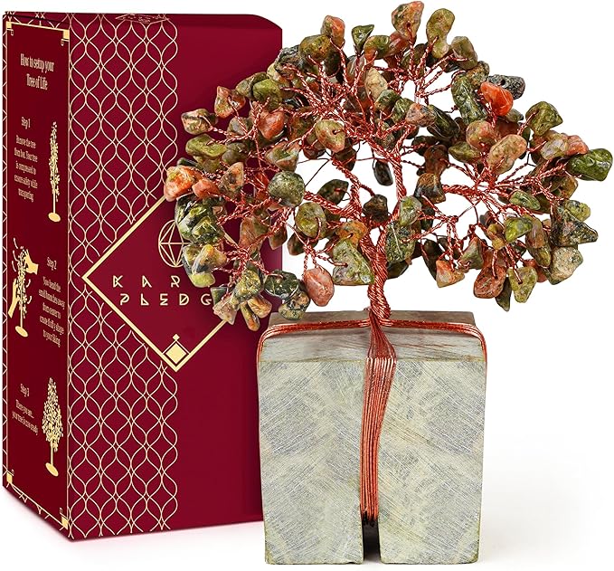 Crystal Tree for Birthday Gifts for Women, Handmade Raw Crystal Base Unakite Chakra Healing Crystal Tree of Life for Positive Energy, Money, Good Luck, Christmas Décor, Home and Office Decor