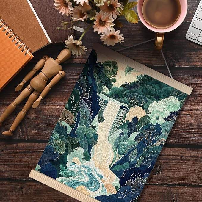 FITIE Green Abstract Japanese Waterfall Forest Scenic Canvas Wall Art Poster, Watercolor Blue Green Nature Landscape Wall Decor Prints for Japanese Home Bedroom Living Room, 12x16 Inches