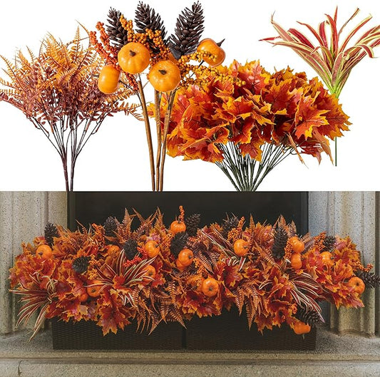 13pcs Outdoor Artificial Maple Leaf Pumpkin Branch with Berry and Maple Leave for Indoor Outside Hanging Plants Garden Porch Window Box Home Wedding Farmhouse Décor