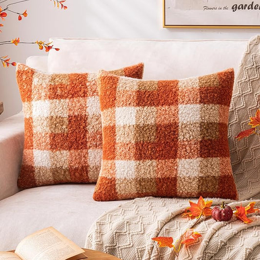 Orange Plaid Fall Throw Pillow Covers 18x18 Inch Set of 2, Boucle Decorative Pillow Covers,Cozy Fluffy Home Living Room Farmhouse Decor for Sofa Couch Bed
