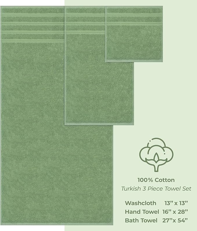 American Soft Linen Premium 3 Piece Towel Set, 1 Bath Towel 1 Hand Towel 1 Washcloth, 600 GSM 100% Cotton Turkish Towels for Bathroom, Sage Towel Set