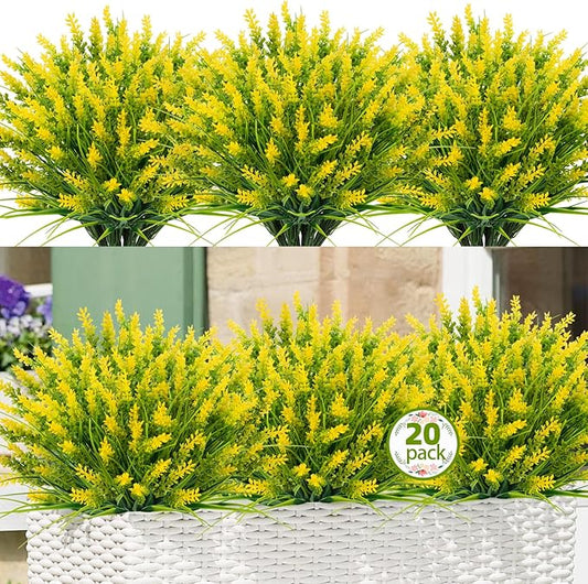 Artificial Plants Outdoor, 20 Bundles Fake UV Resistant Monkey Grass with Flowers for Pot Garden Decor, Outdoor Faux Plants Window Verandah Office Patio Planter Pathway Front Porch(Yellow)