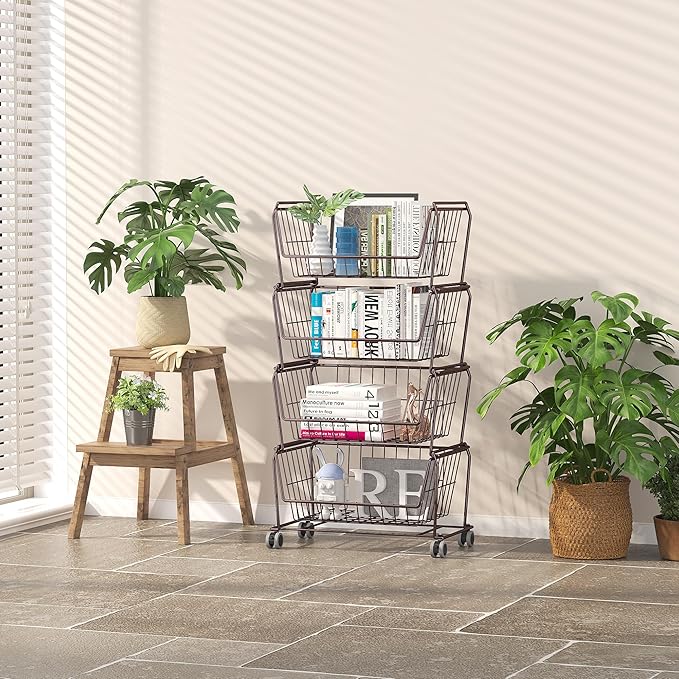 PUSDON Stackable Metal Storage Carts, Dual Use Shelf for Kitchen Fruit Vegetable Baskets with Wheels, Storage Rack for Living Room, Home & Office, Standard Bronze 6 Tiers