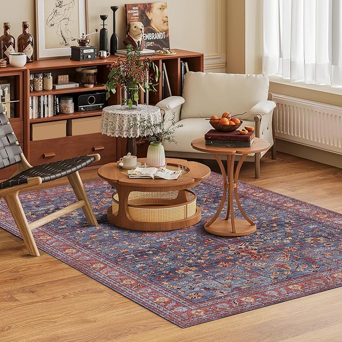 Washable Area Rug 4' x 6' Vintage Traditional Persian Mat - Foldable Distressed Non-Slip Machine Washable Carpet for Living Room Bedroom Kitchen Home Decor - Indigo and Crimson