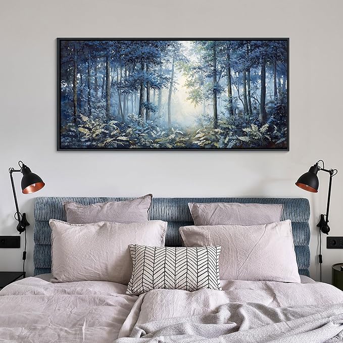 Forest Canvas Wall Art for Living Room - Navy Blue Bedroom Wall Art, Landscape Pictures Wall Decor, Forest Painting, Framed Nature Tree Artwork Walls 24×48IN