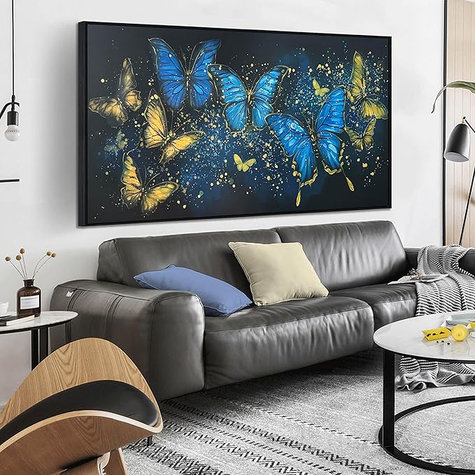 Bedroom Butterfly Pictures Wall Decor for Women - Gold and Blue Wall Art for Living Room - Framed Hand Painted Oil Paintings on Canvas Wall Art Size 29" x 59"
