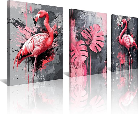 NAN Wind 3PCS Pink Flamingo Wall Art Modern Tropical Monstera Leaves Canvas Print Palm Leaf Bird Wall Decor Contemporary Botanical Print Nature-Inspired Artwork Living Room Decor Bedroom Home Office
